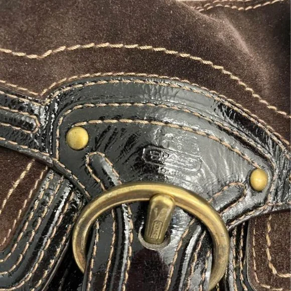 Vintage Coach Purse Handbag Brown Suede Patent Leather - Picture 2 of 3